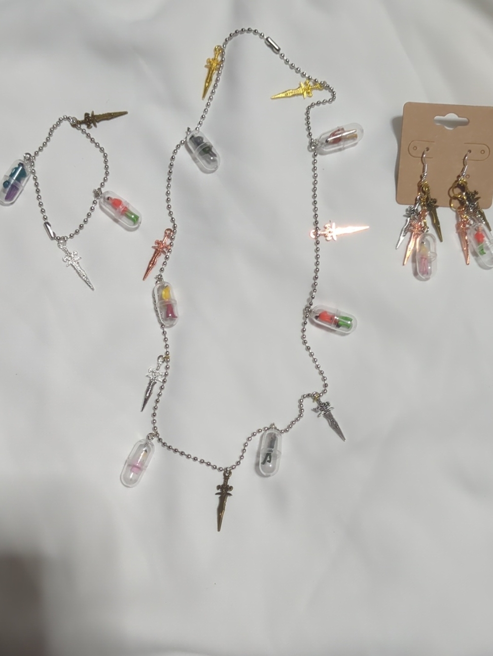Multi-Color Capsule & Dagger Chain Necklace and Earring Set(Scratch Off Ticket)